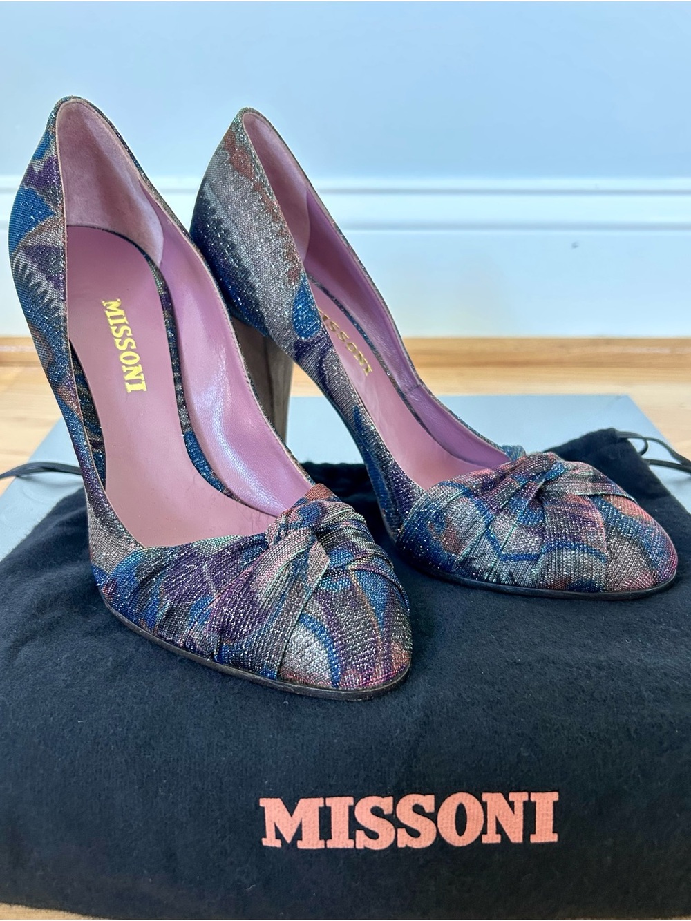 NEW Missoni Multicolor Knotted Lurex & Suede Pumps in Purple, Blue, Tan & Pink
